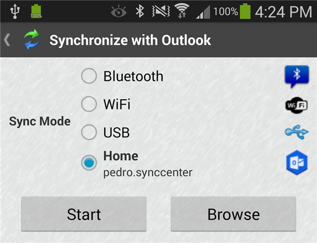 Start Outlook Sync from Sync screen