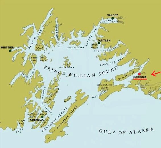 Ultima Thule Cordova, tiny and fragile, in Prince William Sound, on