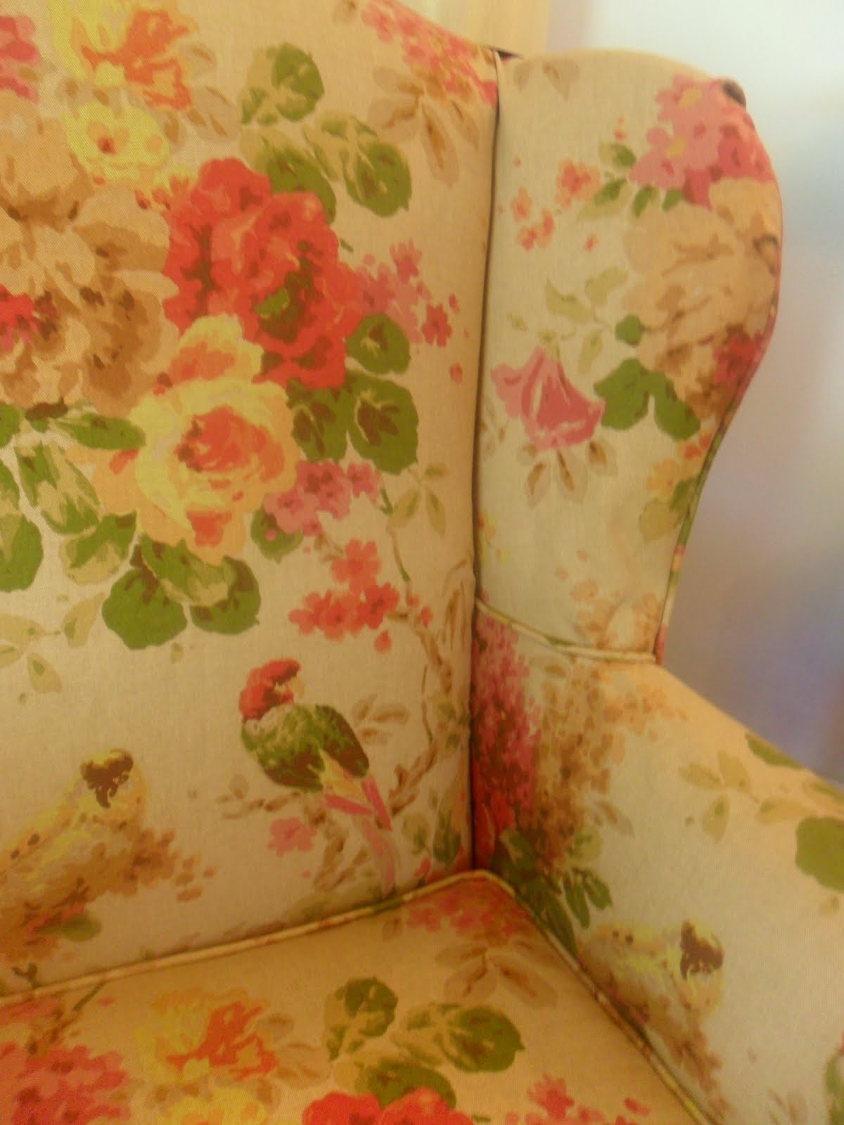 Custom Slipcovers by Shelley Floral Wingback chair with boxpleat skirt