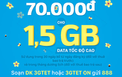 Gói cước 3GTET Vinaphone ưu đãi 1,5GB Data chỉ 70.000đ/tháng