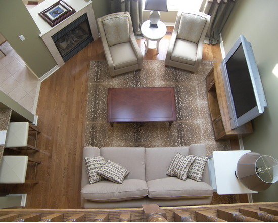 Small Living Room for Home Design - view from loft above showing two storey high window and seating Small Living Room for Home Design
