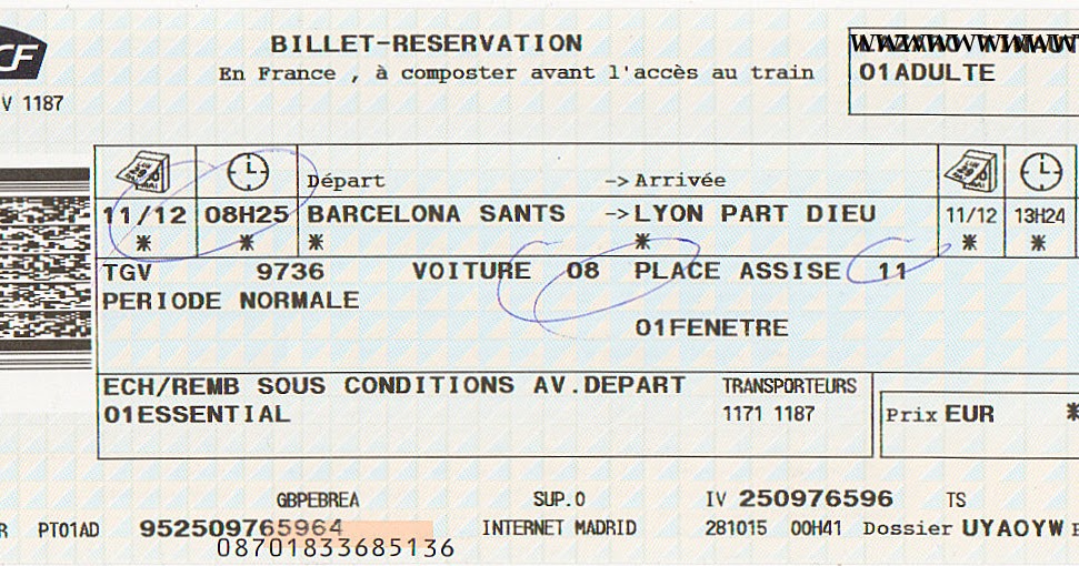 The traveler's drawer SNCF. Billet pour le train AVE 9736 de Barcelone