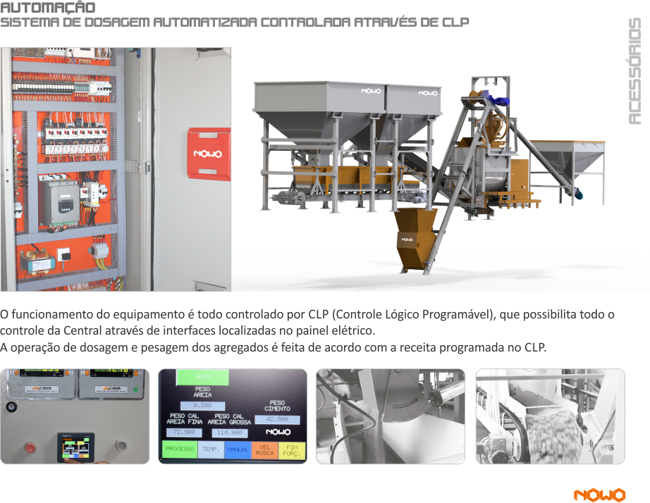 PAINEL AUTOMAÇÃO - SISTEMA DE DOSAGEM AUTOMATIZADA CONTROLADA ATRAVES DE CLP Silos de Agregado, Aggregate Silos, Silos de Agregado, Sistema de pesagem de Agregados, Aggregate Weighing, System Sistema de Pesaje de Agregados,Esteira Transportadora, Transfer Conveyor, Cinta Transportadora, Silo de Cimento, Cement Silo Silo de Cemento, Silo de Cimento Rasga Saco, Bag tearing cement silo, Silo de Cemento Rasga-Bolsa, Esteira do Sistema de Pesagem, Weighing System Conveyor, Cinta del sistema de pesaje, Balança de Cimento Cement Scales, Balanza de Cemento, Transportador Helicoidal, Screw Conveyor, Transportador Helicoidal, Sistema de Dosagem de Água, Water Dosing System, Sistema de Dosificación de Agua, Sistema de Dosagem de Aditivo, Additive Dosing System, Sistema de Dosificación de Aditivo, Automação Painel Elétrico Central, Electric Panel Automation Center, Automatización Panel Eléctrico Central, Misturador Planetário, Planetary Mixer , Mezclador Planetario, Central de Concreto para alimentação de Caminhão Betoneira, Batching Plant to feed Concrete Mixer Truck. Central de hormigón para alimentación de Camión Hormigonera, Usina Dosadora ; Dosing ; Usina Dosificadora Dosador de água com pré-determinador que proporciona economia e redução de perdas Bomba d’ água Compressor de ar Painel elétrico de comando para operação da central dosadora Moega rasga saco para cimento, NOWO, NOWO MÁQUINAS, central de concreto, construção civil, máquina de bloco de concreto; máquina de fazer telha de concreto; máquina para fabricação de telha de concreto; máquina de telha de concreto; dosagem de concreto, nowo, nowo máquinas, dosagem automatizada, togo, towgo, to-go, caminhão betoneira; batch plant batching plant, concrete plant, Planta de hormigón, misturador de concreto, www.nowomaquinas.com CONCRETE ROOF TILE MACHINERY concrete roof tile plant