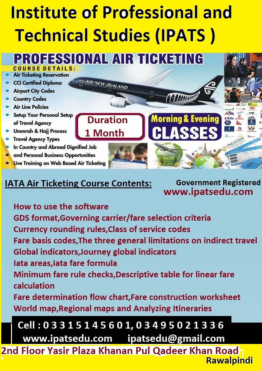 IATA Air Ticketing & Resevation Course in islamabad 303-5530865