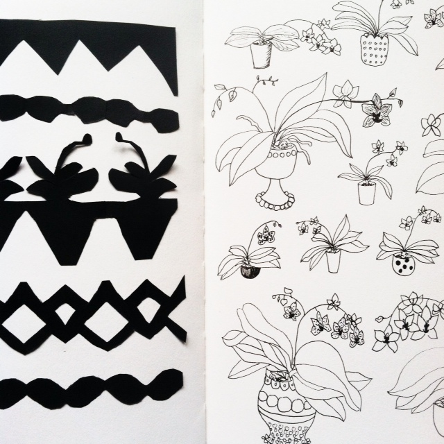 2x2 Sketchbook, sketchbooks, orchids, cut paper, black and white, Dana Barbieri, Anne Butera