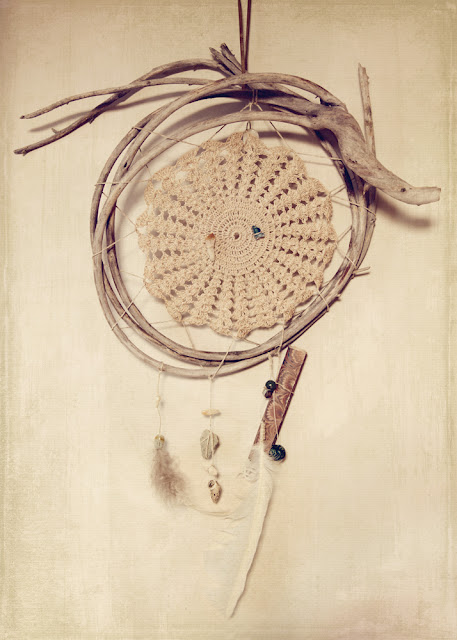 dream catcher, feathers, crystals, driftwood, full moon