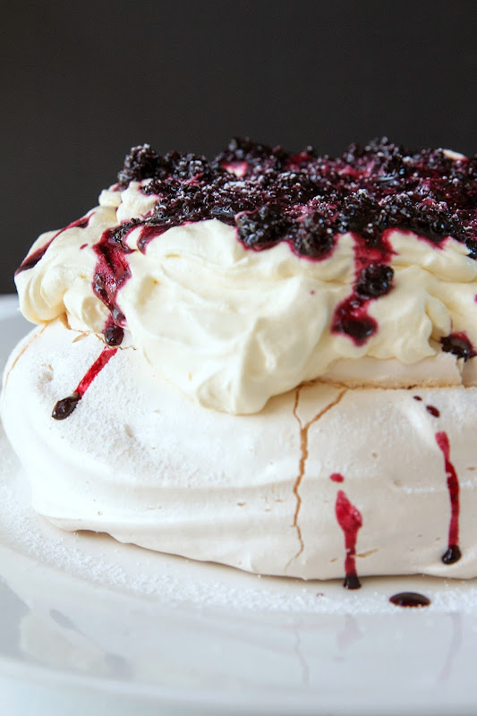 Milk and Honey Pavlova with Blackberry Bay Compote