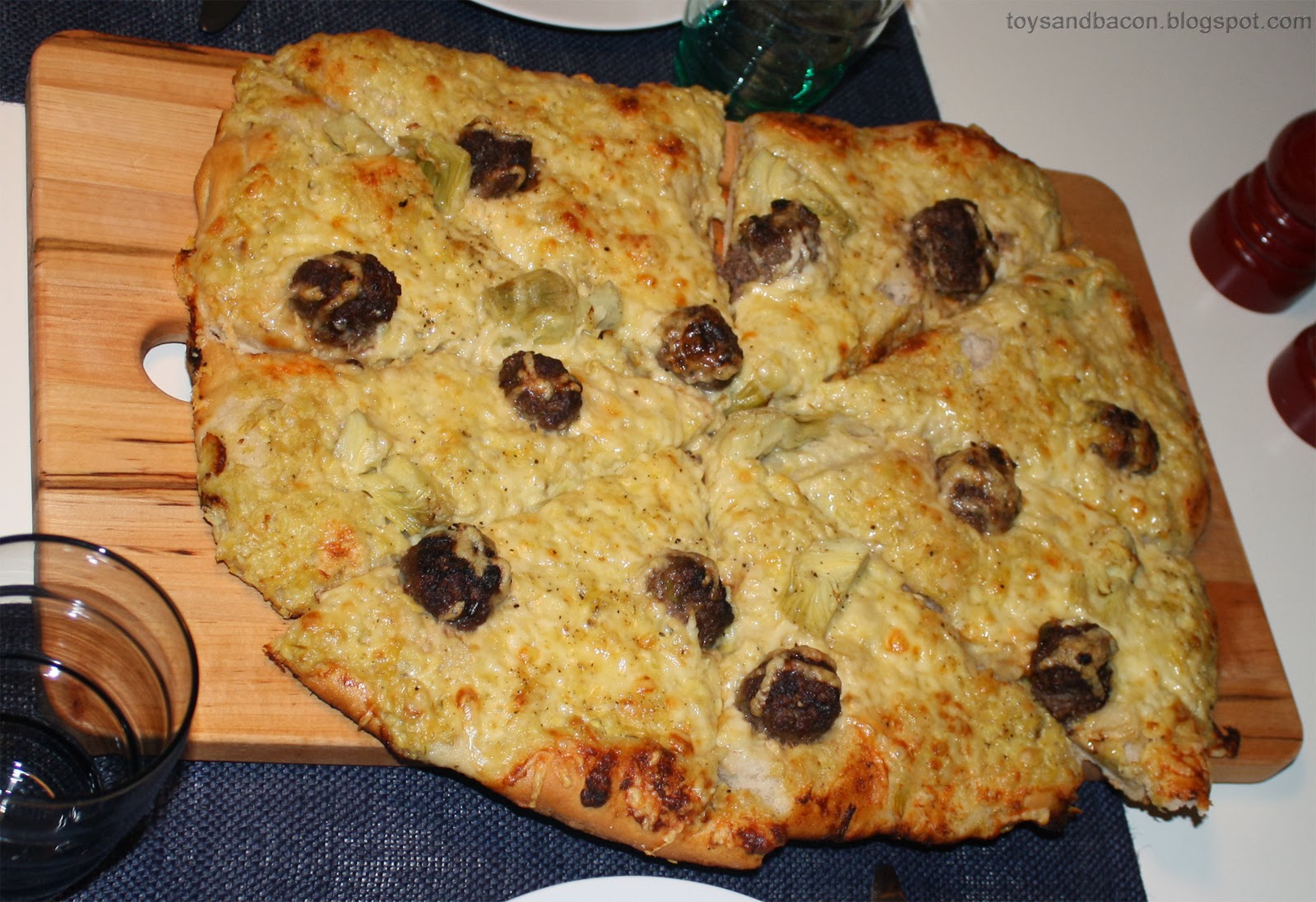 Toys and Bacon Artichoke Pizza