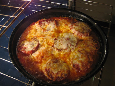 chicken parmigiana in a pan just out of the oven