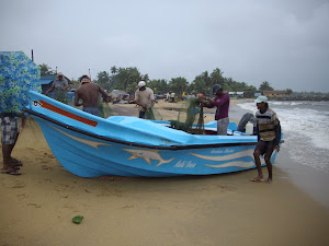 Fibre-Glass fishing boat arriving onto the beach in Negombo..