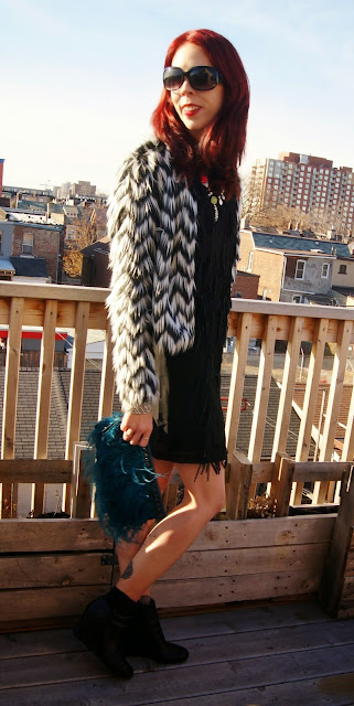 Party Ready!:  Joe Fresh Little Black Fringe Dress, H&M Faux Fur Jacket, Shop For Jayu Neon Necklace, Expression Booties from Hudson's Bay, Aldo Feather Clutch, fashion, style, New Year's Eve, Outfit, Look, OOTD, party, the purple scarf, melanie.ps, toronto, ontario, canada, sunglasses, jewlery, accessories