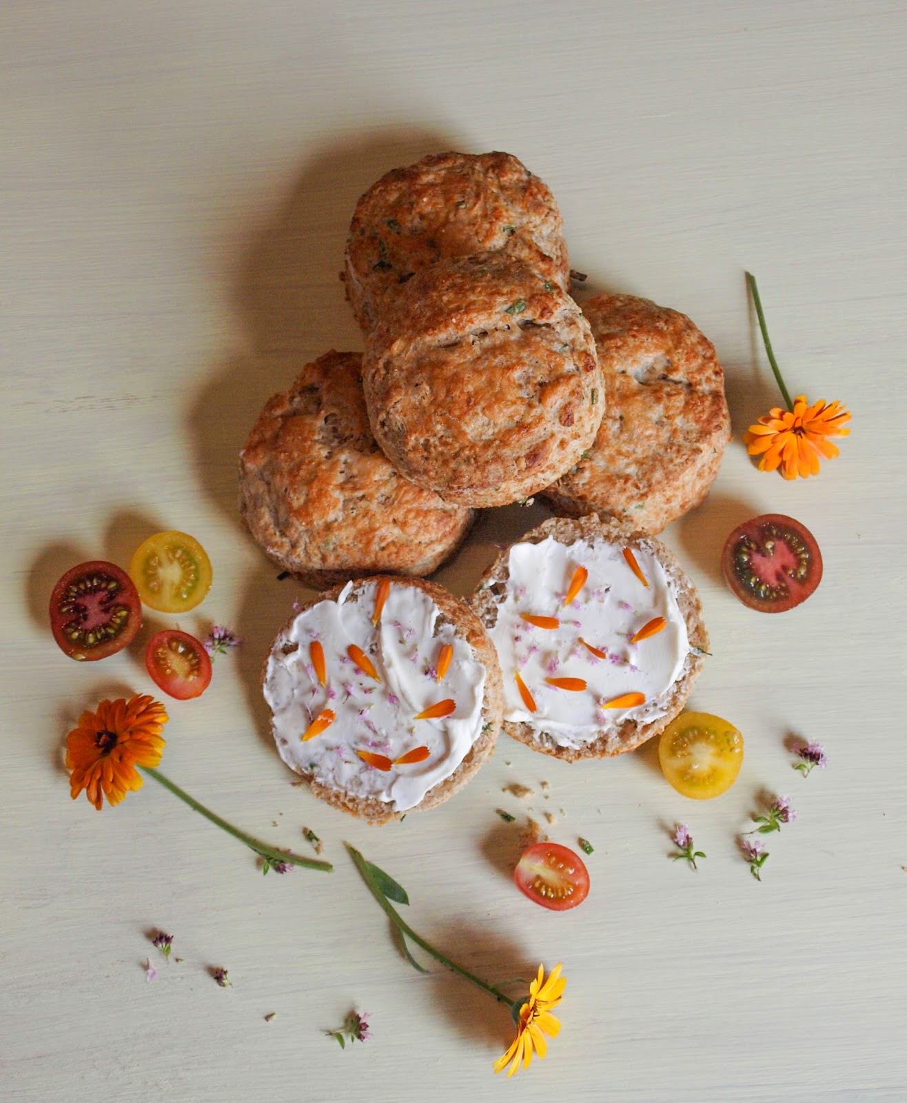 Farmersgirl Kitchen Cheese and Chive Scones with Marjoram and Marigold