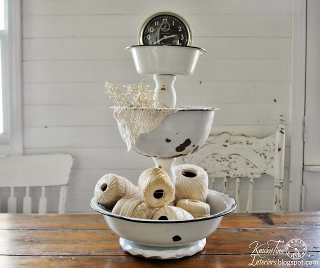 Repurposed Enamelware Tiered Stand by  http://knickoftimeinteriors.blogspot.com/