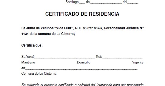 junta de vecinos vida feliz certificado de residencia formato de certificado