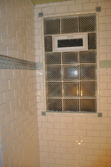 bathroom, reno, subway tile, sea glass tile, glass tile, white grout, grout, glass block window, 