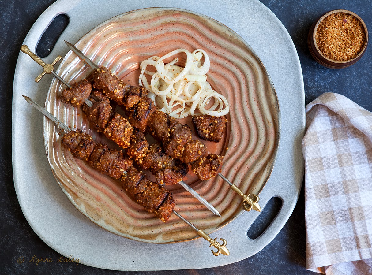 Cafe Lynnylu Dakar Spice Rubbed Lamb Kebabs with Mustard Onions