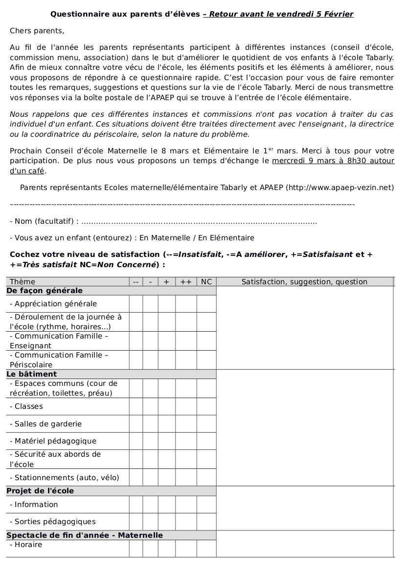 Questionnaire aux parents d'élèves  retour avant le vendredi 5 février