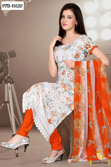 Orange Off White Printed Casual Salwar Suits at lowest price 