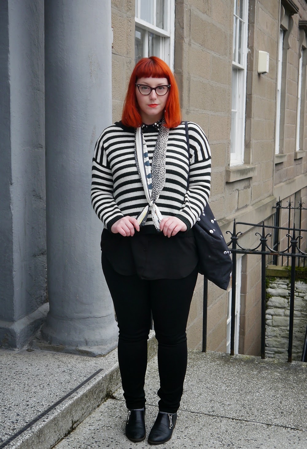 Scottish bloggers, Dundee, Dundee Contemporary arts, DCA, Art Exhibition, what Helen wore, monochrome outfite, H&M jewelled collar shirt, stripey Zara Jumper, Karen Mabon penquin Scarf, googley eye bag, red head, scottish street style, Dundee street style, Warehouse leopard print coat, comfy clarks shoes, work outfit, workwear, basic black jeans