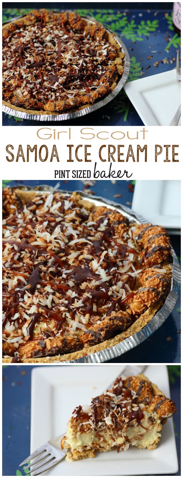 Samoa Ice Cream Pie loaded with Caramel and Fudge Sauce and toasted Coconut. It's my new favorite pie!