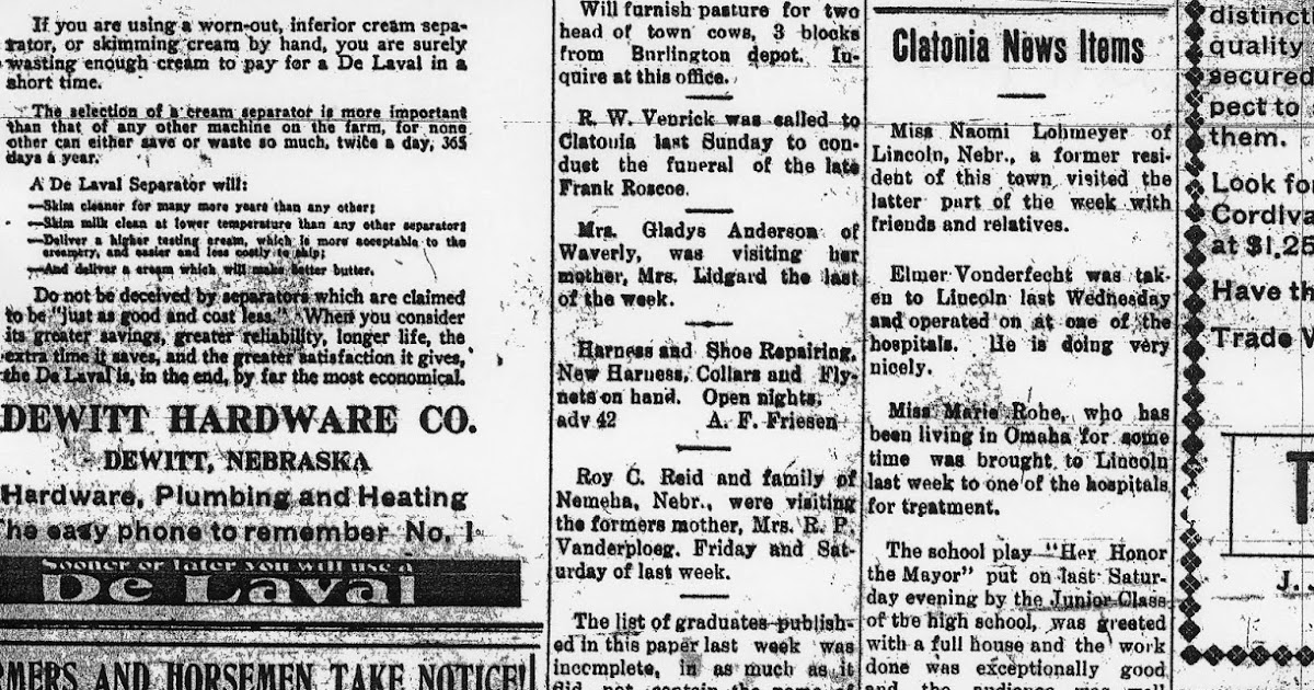 The Old Trunk in the Attic Newspaper Clippings DeWitt, Nebraska, 1923