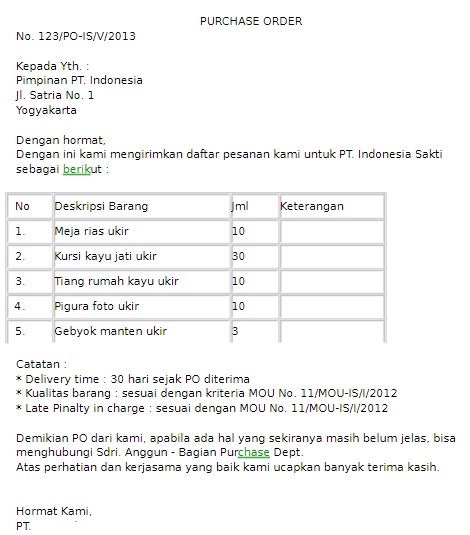 Contoh Purchase Order Contoh Purchase Order