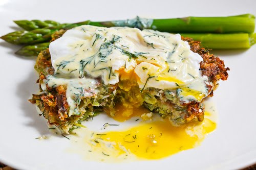 Asparagus and Feta Fritters topped with a Poached Egg and Avgolemono