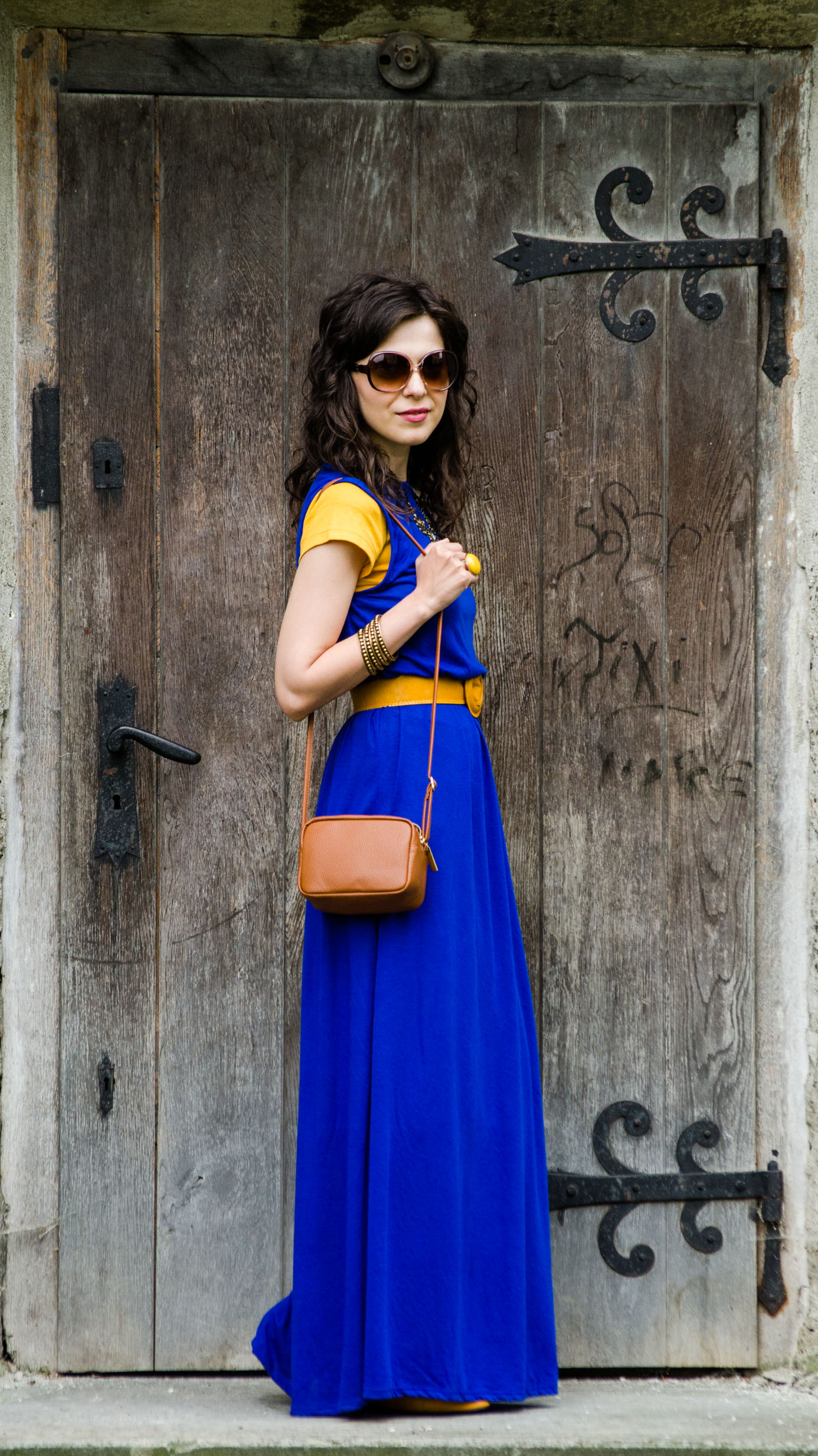 maxi dress cobalt blue mustard flats H&M belt sighisoara