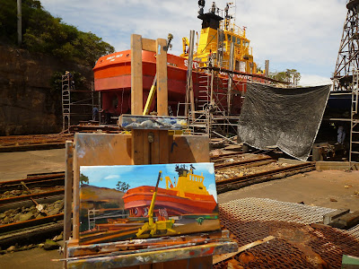 plein air oil painting of Sydney Ports tug 'Shirley Smith' on slipway of Goat Island by artist Jane Bennett