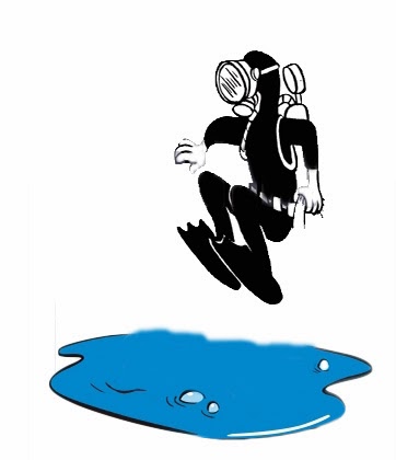 scuba diver jumps into a local puddle