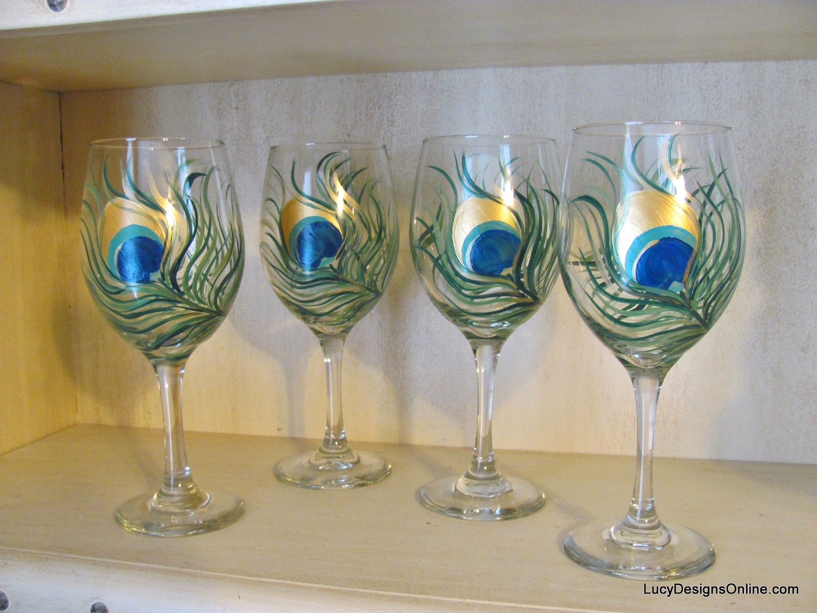 DIY Hand Painted Wine Glasses with Peacock Feather Design, Tutorial