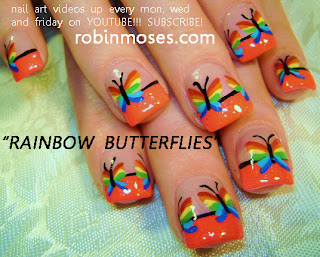RAINBOW BUTTERFLIES nail art design, HAWAIIAN SPLASH nail art tutorial design. simple tulips nail art design for short nails tutorials up for wednesday.