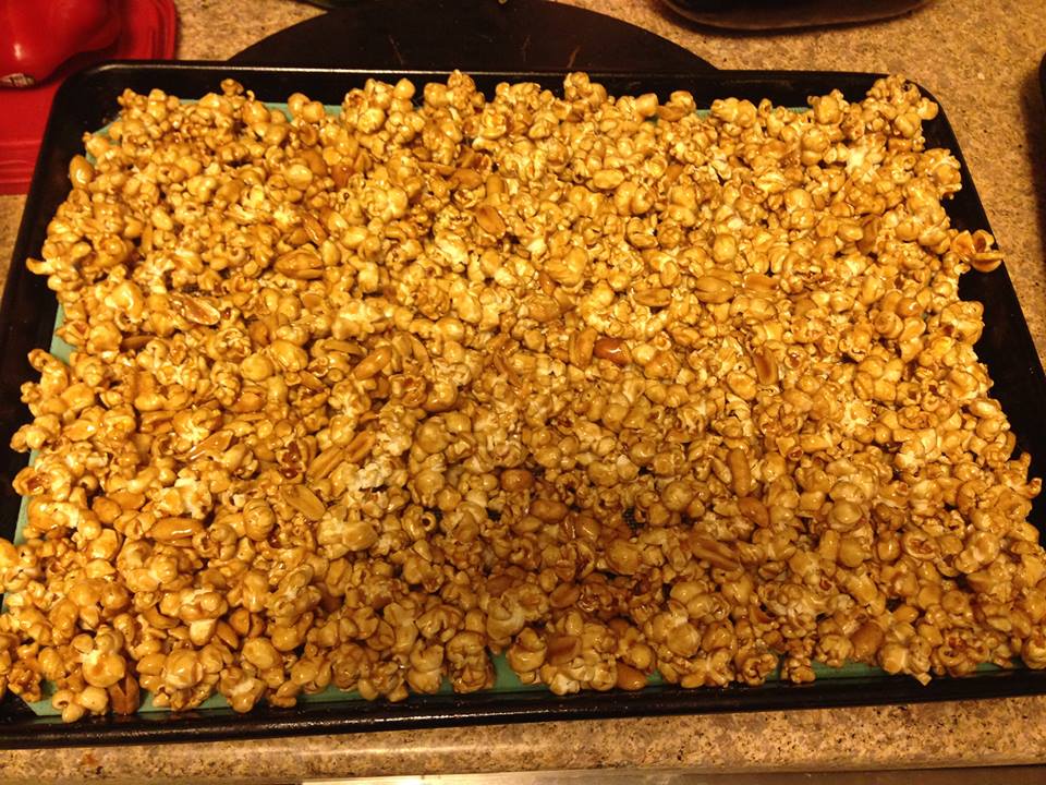 Cooking Homemade Caramel Corn (with nuts) One Brown Mom