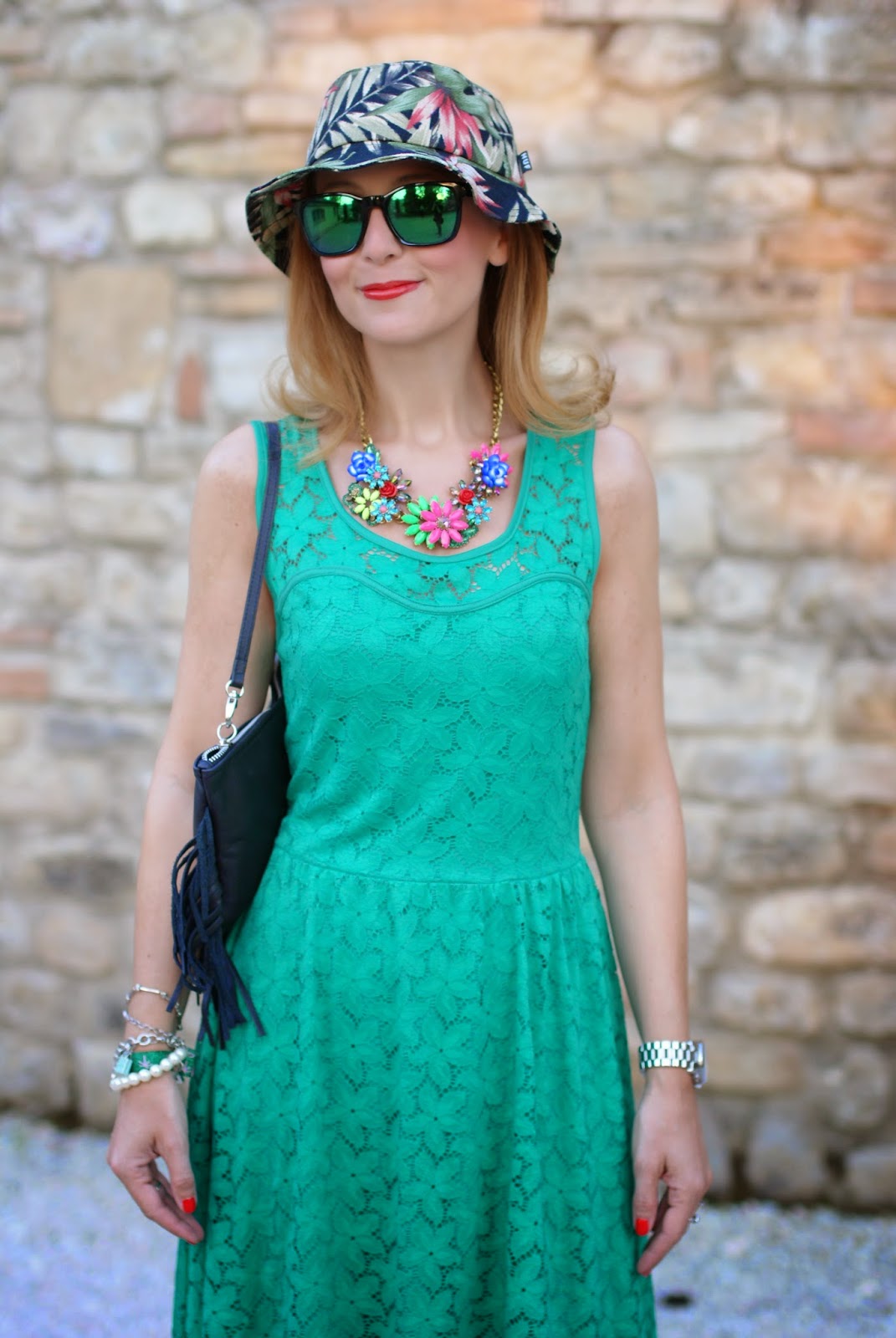 Morgan de toi lace dress, fringed bag, tropical bob hat, oakley green sunglasses, Fashion and Cookies, fashion blogger