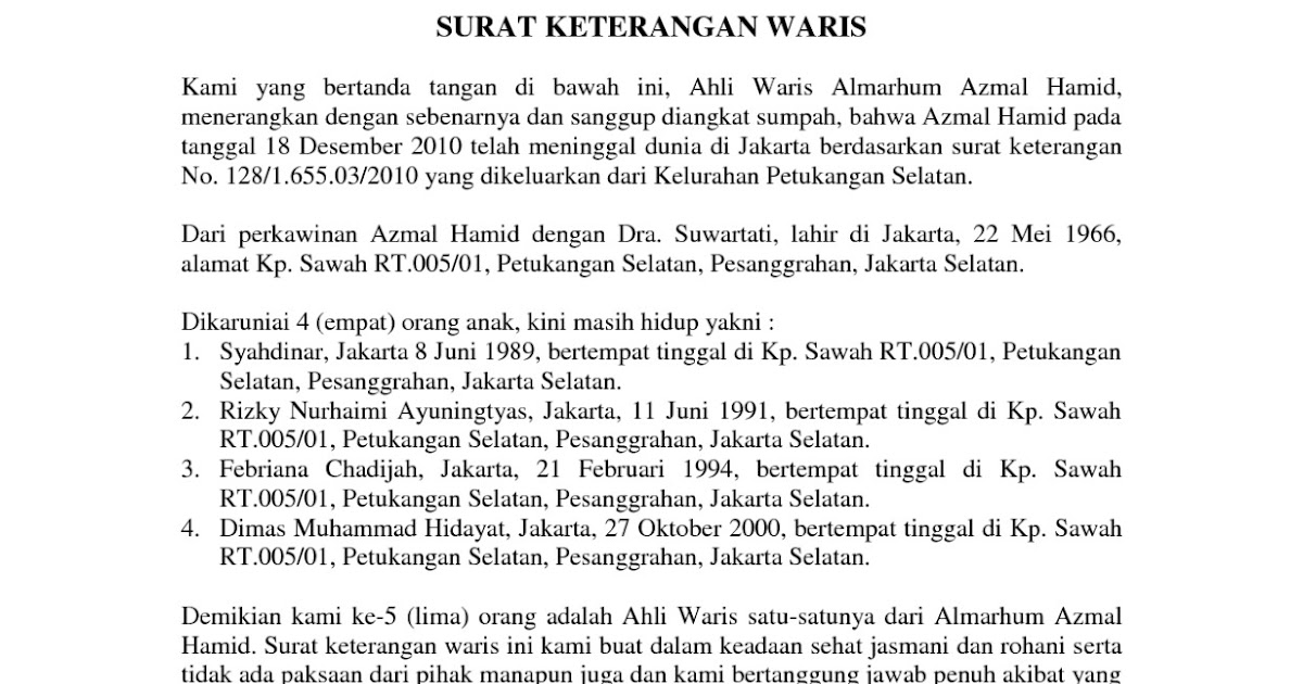 Contoh Surat Keterangan Waris