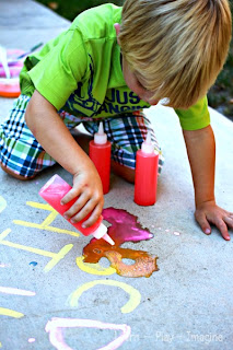 ABC Eruptions - An exciting prewriting exercise with erupting sidewalk chalk paint!  School work every preschooler will love.  No vinegar needed for this easy to make recipe!