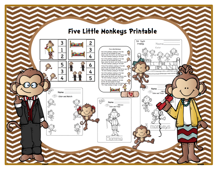"Five Little Monkeys Jumping on the Bed" Printable Preschool Printables