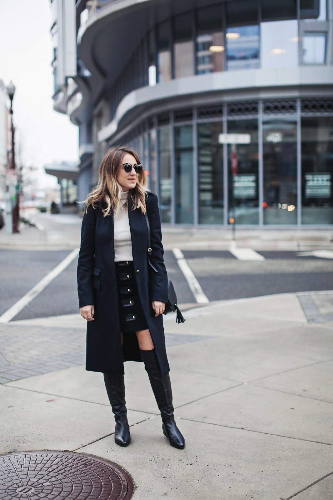 military style coat, all saints coat, sale coat, navy coat, over the knee black boots, free people boots, sandro mini skirt, military style mini skirt, outfit, style blogger, dc style blogger, dc fashion blogger, outfit styling tips