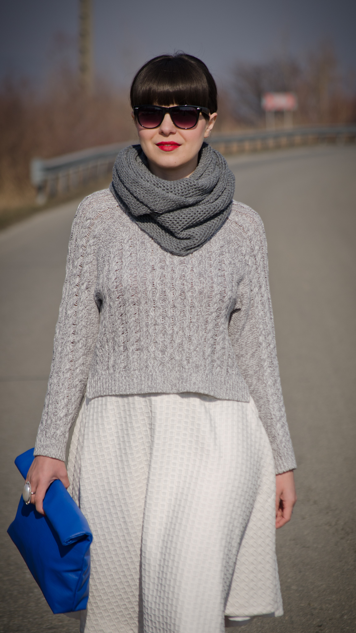 white full circle h&m skirt grey sweater sheinside coat scarf grey sparkly heels cobalt blue clutch new yorker