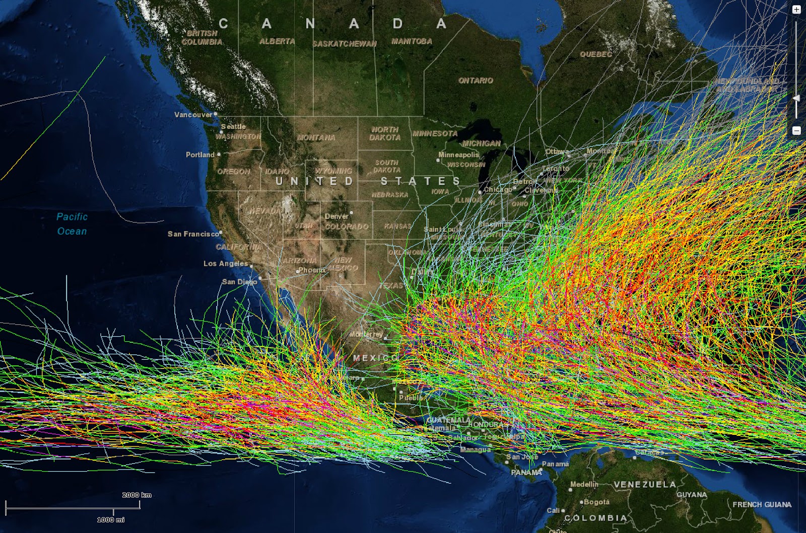 The path of every recorded Western hemisphere Hurricane Vivid Maps