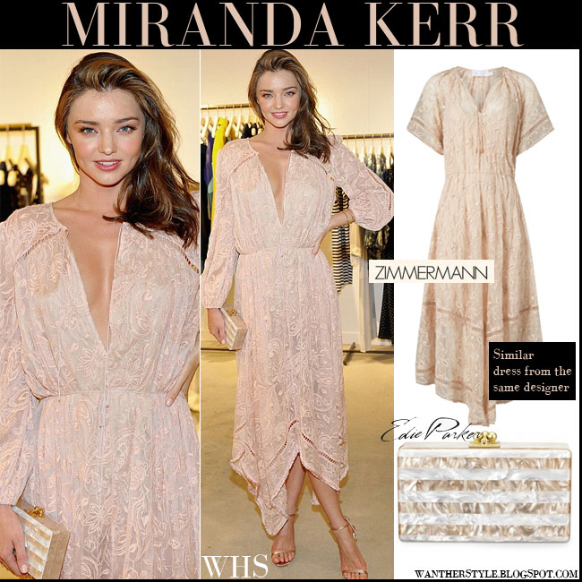 Miranda Kerr In Light Pink Embroidered Maxi Dress From Zimmermann Miranda Kerr In Light Pink Asymmetric Hem Zimmermannmaxi Dress With Gold Sandals And Striped E Parker