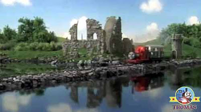 Thomas tank & friends Rheneas the train engine at the old stone castle battlement Sodor fortress