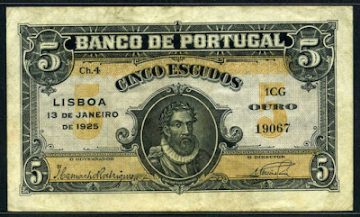 Portugal bank notes 5 Portuguese Escudos banknote, Álvaro Vaz de Almada