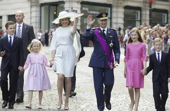 King Philippe of Belgium and Queen Mathilde of Belgium their children Princess Eleonore, Prince Emmanuel, Prince Gabriel and Crown Princess Elisabeth attend a religious service