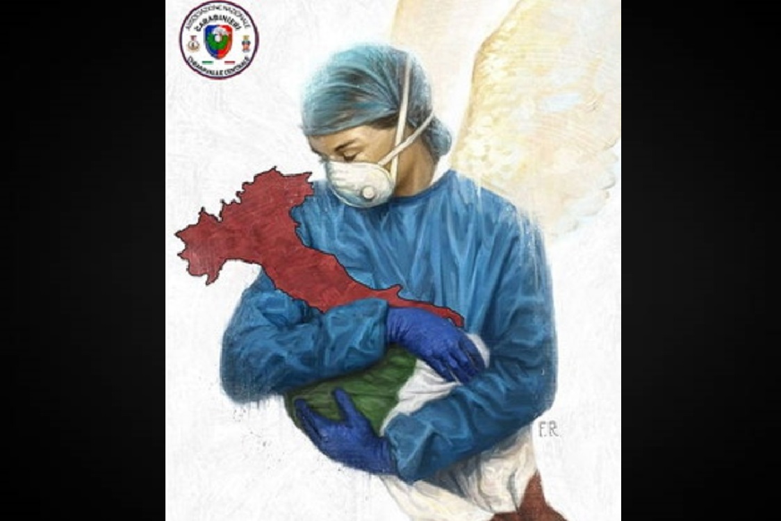 Una dottoressa che tiene in braccio l’Italia è l’omaggio dei carabinieri a medici e infermieri.