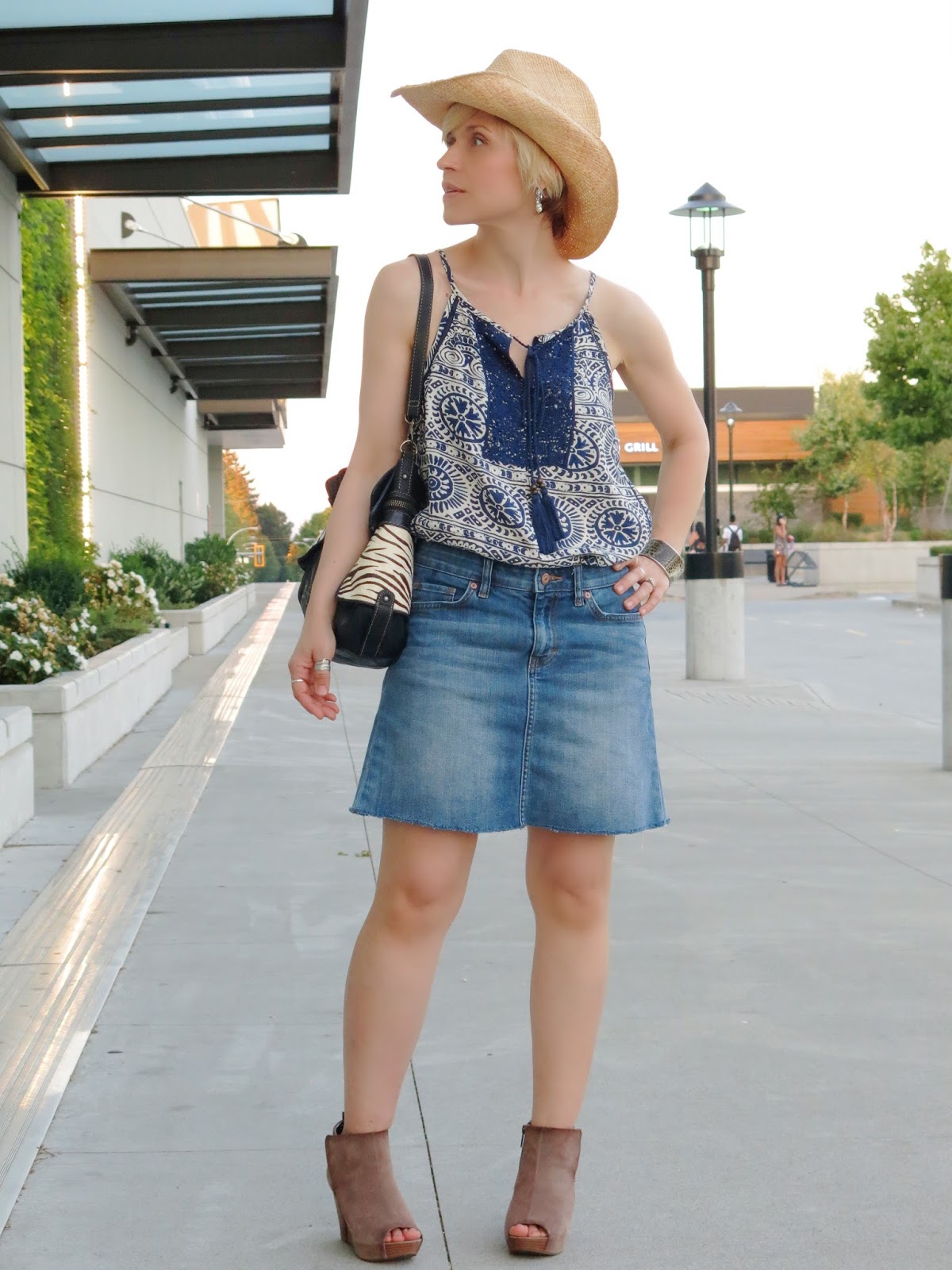 Giddy-up: a cut-off denim skirt with a peasant tank, open-toe ...