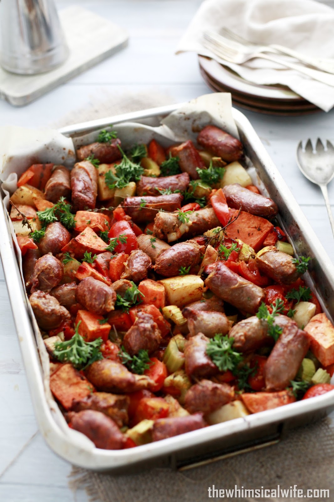 One Pan Devilled Sausage Bake The Whimsical Wife