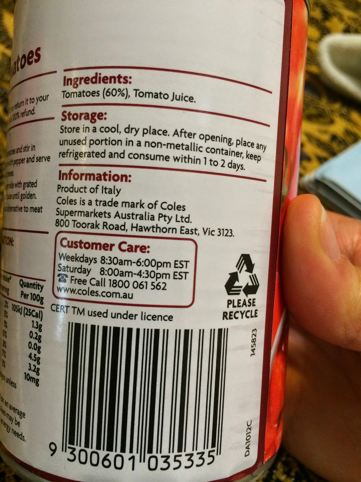 GlutenFree Vegan Food Labels Coles Italian Diced Tomatoes 400g