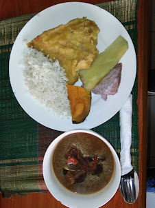 Common Ugandan " Matooke " lunch  at "Dinners Bar and takeaway " in Entebbe Town.