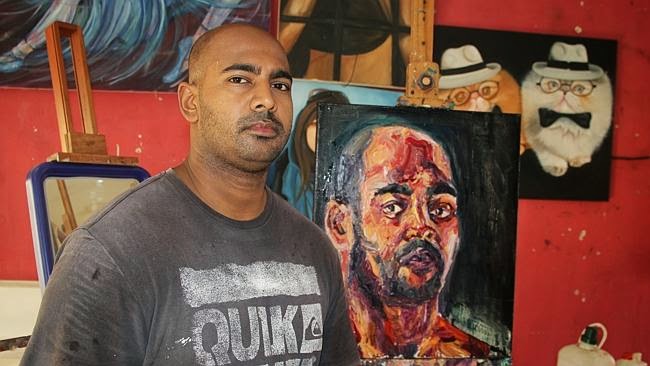Bali Nine death row inmate Myuran Sukumaran with his Archibald Prize entry, a self-portrait